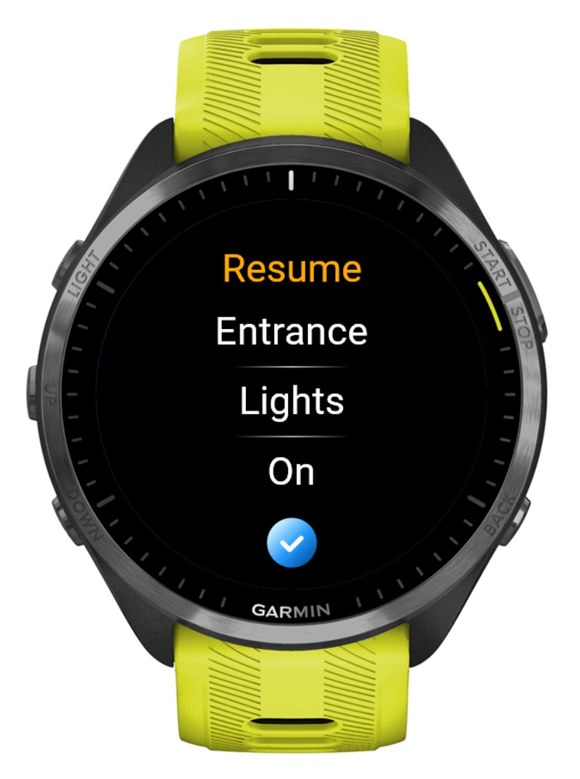 Garmin command summary showing Entrance, Lights and On